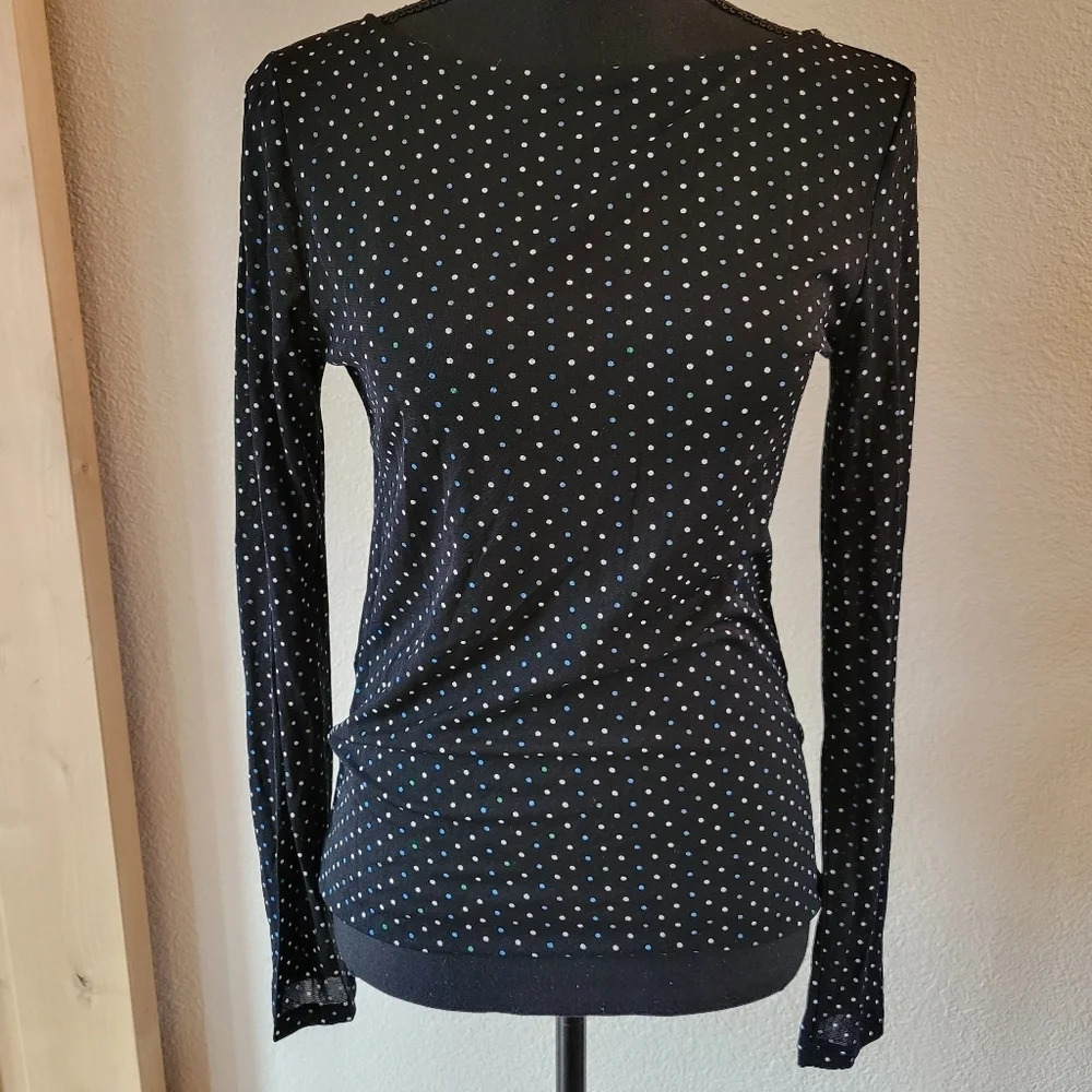 🔥 (5for$35) HALOGEN Black Tight Knit Sheer Longsleeve Polka-dot Top